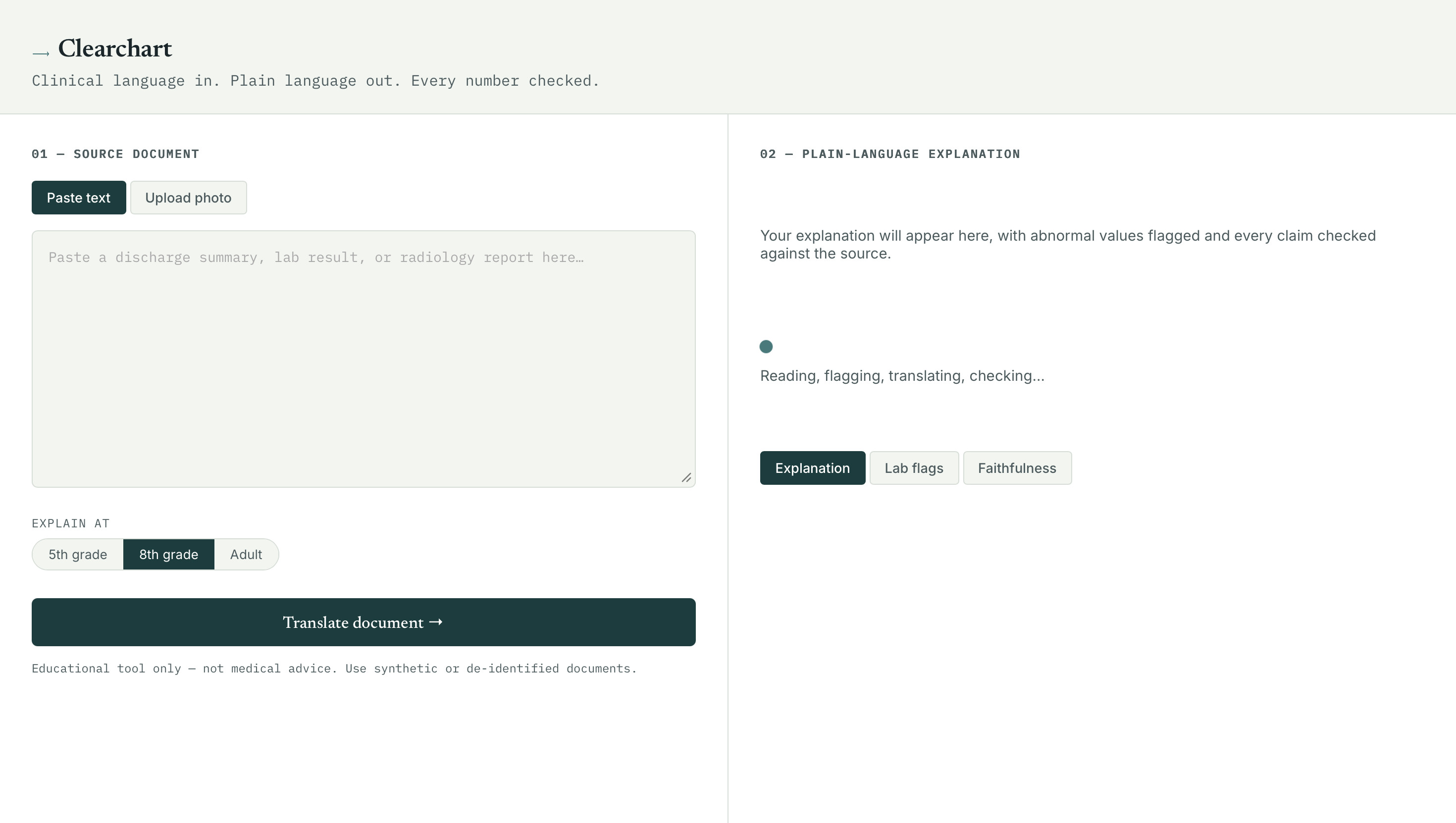 Clearchart interface translating a clinical document