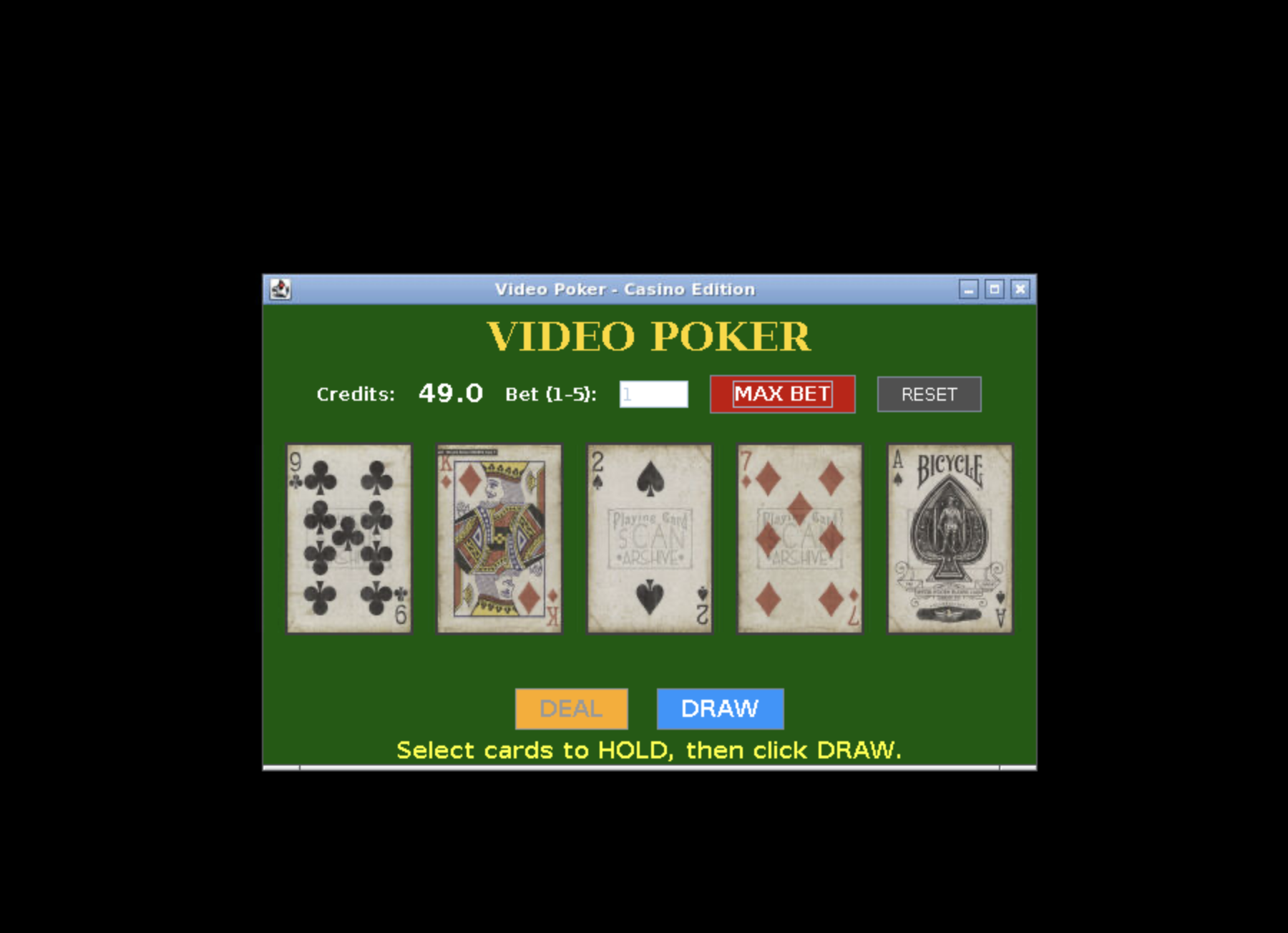 Video poker game interface